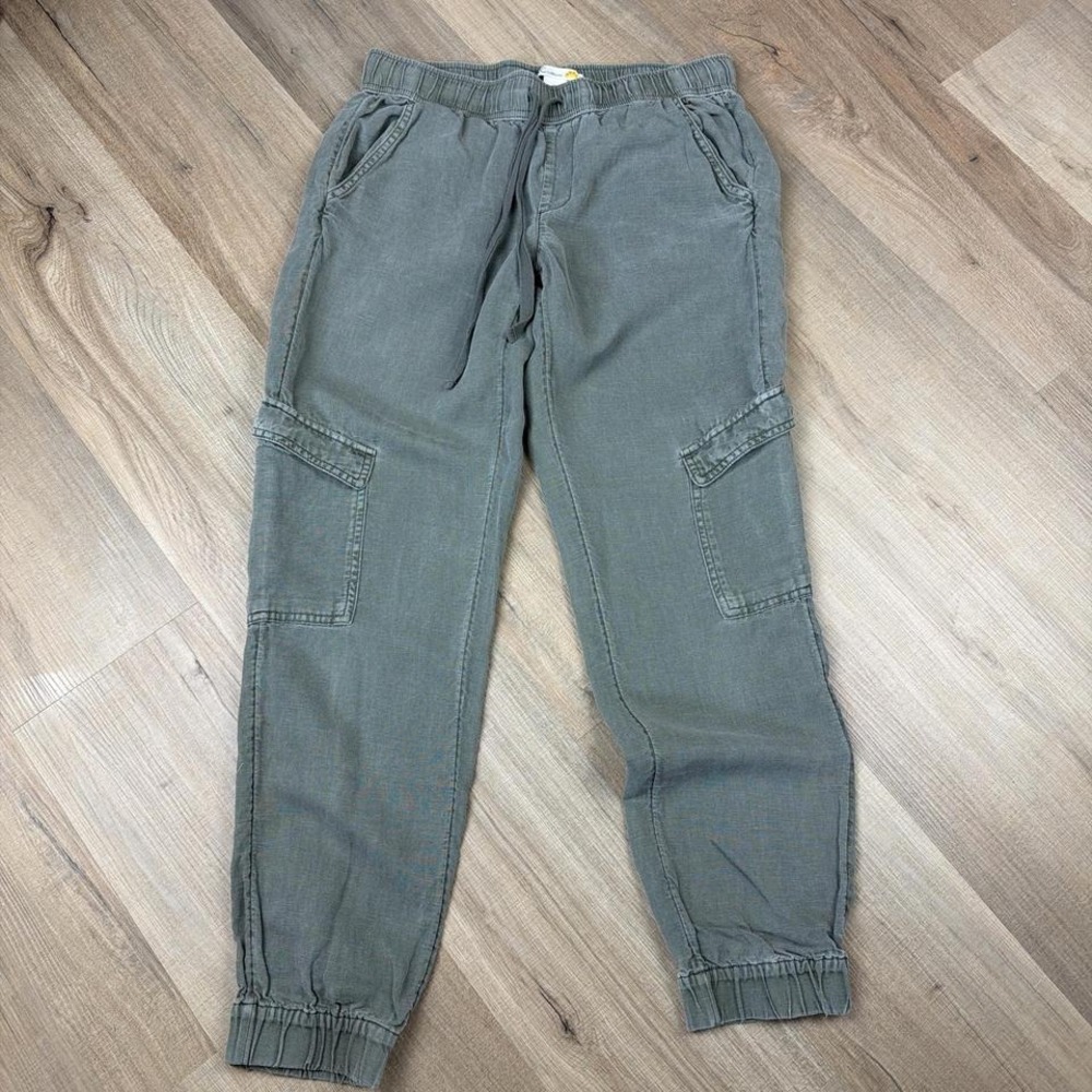 C&C California Linen Cargo Jogger Pants Olive Green Drawstring Utility Small
